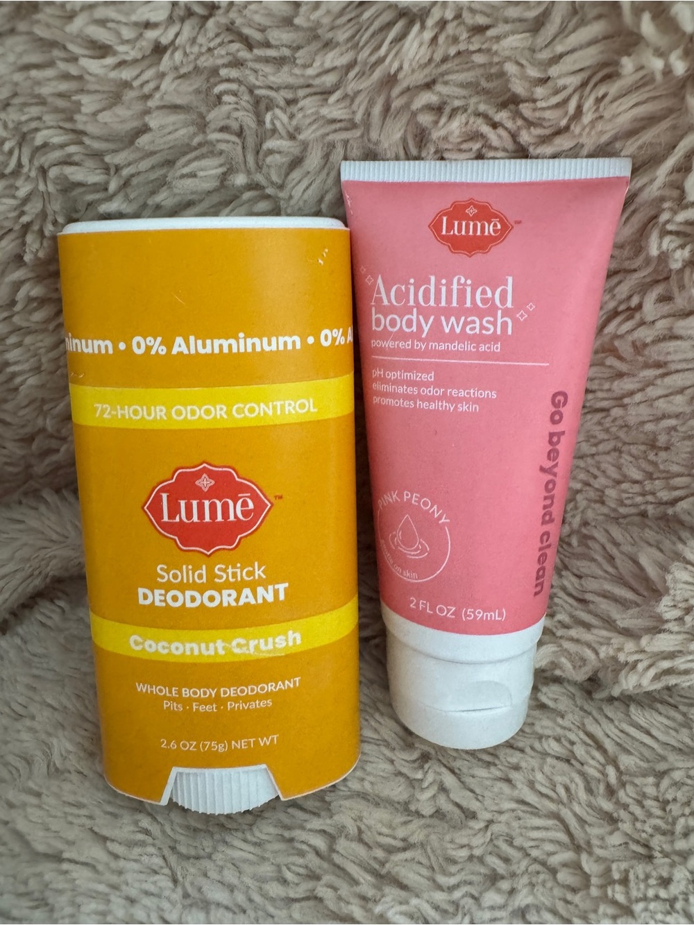 Lumē Pink Acidified Body Wash & Yellow Coconut Crush Solid Stick Deodorant Duo